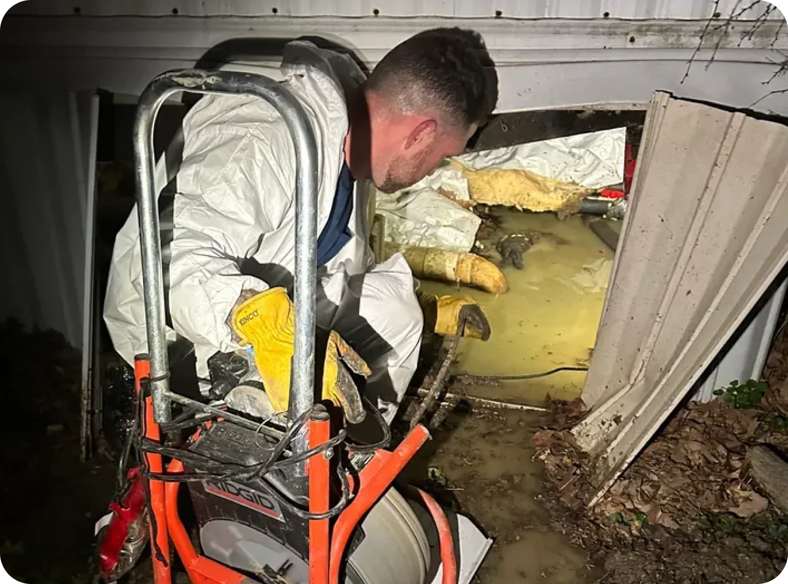 Worker inspecting flood damage under house.